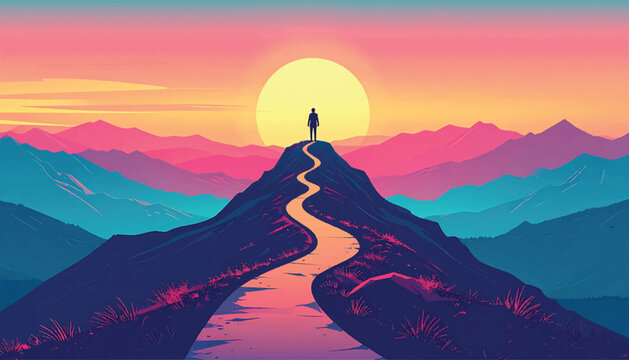 Illustrated outdoor landscape with mountains, paths, and a figure enjoying a nature walk