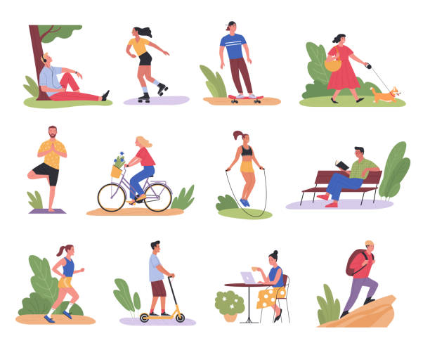 Illustrated group of people in various movement and leisure activities alongside informational guide cards